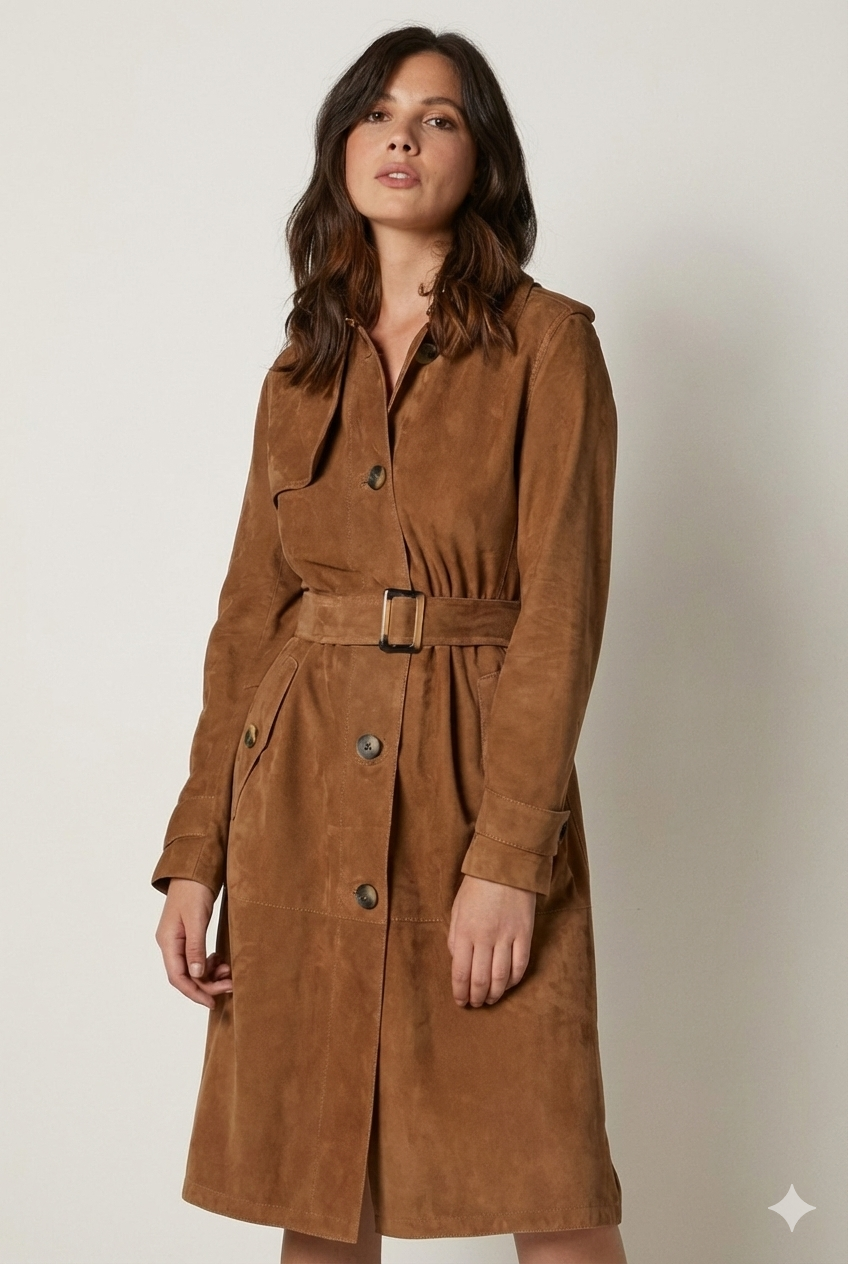 Women's cognac suede trench coat with a buckled waist belt and tortoiseshell buttons